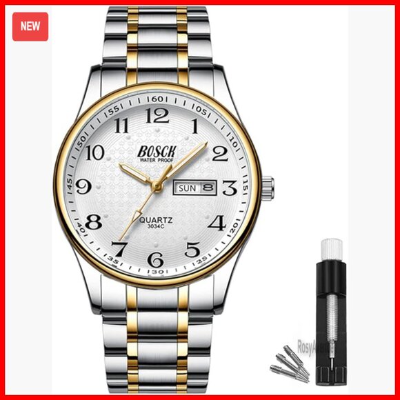 40mm Stainless Steel Waterproof Quartz Watch with Date Day Display